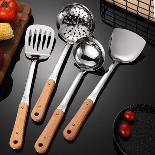 304 stainless steel wooden handle kitchenware thickened anti scald cooking spatula spoon leaky spoon Set kitchen tools