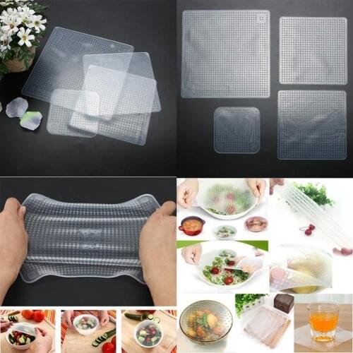 4Pcs Silicone Cling Film Reusable Seal Lid Cover Stretch Food Storage Saver Wrap Fresh Food Wrap Seal Kitchen Tool
