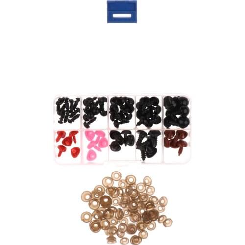 75 Pieces 6-12mm Assorted Size Black Plastic Safety Eyes & Triangle Noses with Washers for Teddy Bear DIY Making