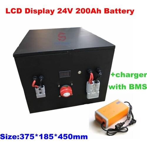 LCD Display 24V 200Ah Lifepo4 battery pack 8S2P 3.2V100Ah Lifepo4 cell with BMS for solar storage + 20A Battery charger