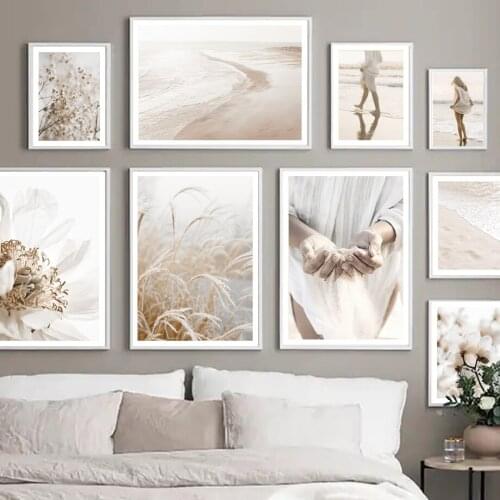 Beige Beach Girl Waves Cotton Grass Reed Wall Art Canvas Painting Nordic Posters And Prints Wall Pictures For Living Room Decor