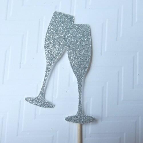 Glitter Silver Champagne Glasses Cupcake Toppers wedding bridal Shower birthday tea party treat food picks decoration BT001