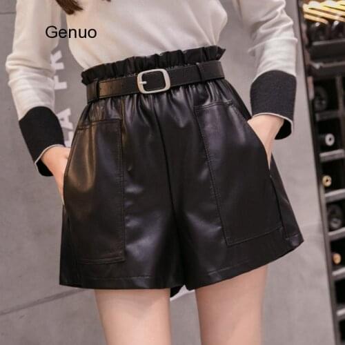 Fashion High Waist Shorts Girls A-Line Elegant Leather Shorts Bottoms Wide-Legged Shorts Autumn Winter Women