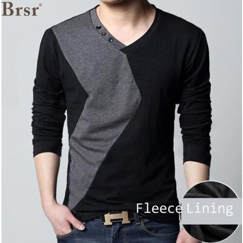 Autumn Winter Clothes Plus Velvet Design Oversized Men T-shirt Long Sleeved V-Neck Solid Color Tshirts Casual Clothing T Shirt