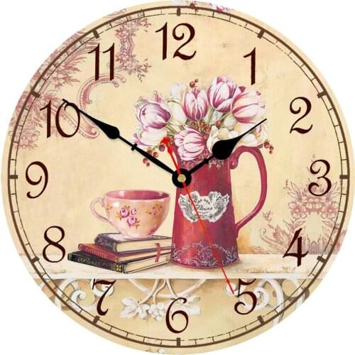 Home Office Shop Wall Watches, Retro Arabic Numerals Decorative Cafe Flower Silent Non-Ticking Wall Clock Pink Wooden Clocks
