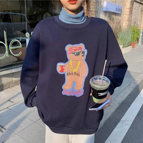 New Autumn Hoodie Women College Hoodie Fashion Stitching Turtleneck Hoodie Harajuku Cartoon Bear Print Hoodie Loose Pullover