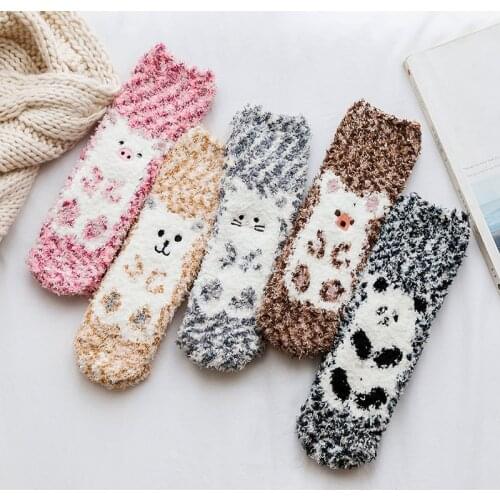 PEONFLY 1 Pair Of Plush Coral Fleece Socks Female Socks Autumn And Winter Cat Claws Cute Thick Warm Sleeping Floor Sleep Socks
