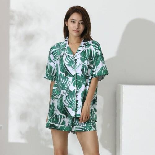 Leaf Print Pajama Set Sexy Rayon Cotton Sleepwear Green Short Ladies Pyjama Fashion Flower Pajamas for Women