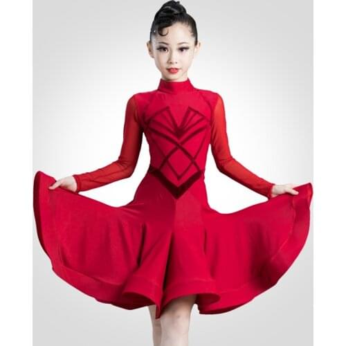 Latin Dance Dress Girls Competition Red Dress Professional Long Sleeves Red Dress Cha Cha Practice Clothes Kids Dancewear BI559