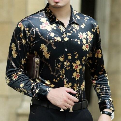 Print Velvet Flower Shirt Club Party Chemise Homme Shirts For Men Shirt Men 2020 New Spring Long Sleeve Designer Shirt