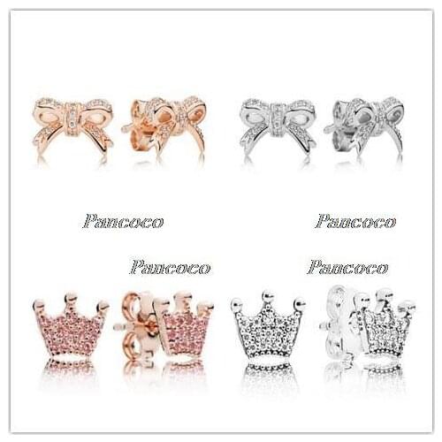 925 Sterling Silver Earring Enchanted Crown With Crystal Studs Earrings For Women Wedding Gift Pandora Jewelry