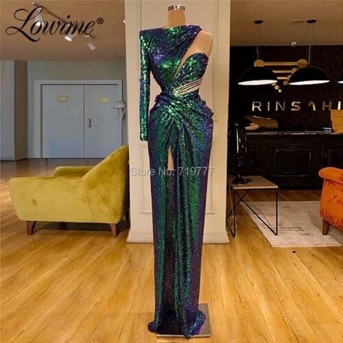 Special Design Evening Dresses Green Long Sleeves Arabic One Shoulder Prom Dress 2019 Dubai Islamic Party Dress Abendkleider