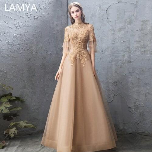 LAMYA High Neck With Half Sleeve Evening Dresses Beading Bling Formal Gown Gold Appliques Customized Ruched Robe De Soiree