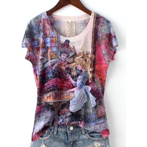 Plus size 5XL!2021 summer new retro character printed short-sleeved t-shirt Slim silk women tops tees