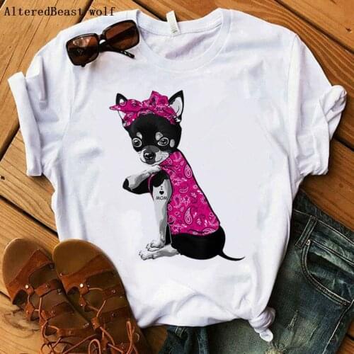 2021 Chihuahua Mom Tshirt Women Summer Harajuku I Love Mom Bandana Print White T-shirt Funny Short Sleeve dog T Shirt Clothes
