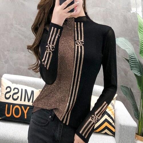 Fashion Shiny Diamonds T-shirt Women Color Block Turtleneck Long Sleeve Tshirt Casual Autumn Fall Clothing For Women