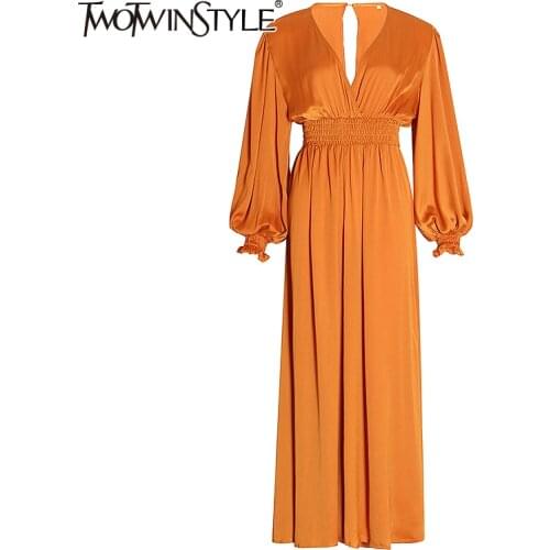 TWOTWINSTYLE Vintage Ruched Jumpsuits Female V Neck Lantern Long Sleeve Loose Wide Leg Sexy Jumpsuit Women Clothes 2020 Fashion