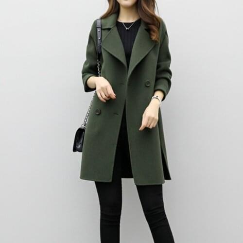 Women Autumn Winter Jackets Solid Color Lapel Double-breasted Coat Woolen Midi Trench Coat Loose Long Sleeve Jacket Warm Keeping