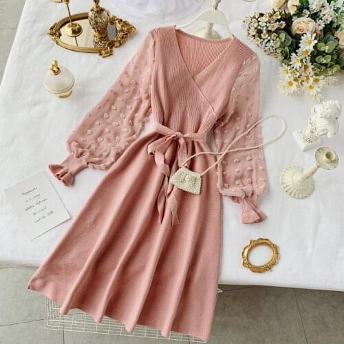 New Autumn Women Knitted Slim Brief A-line Dress Female Long Chiffon Sleeve Stitching Trim Knee-length Skinny Middle Dress