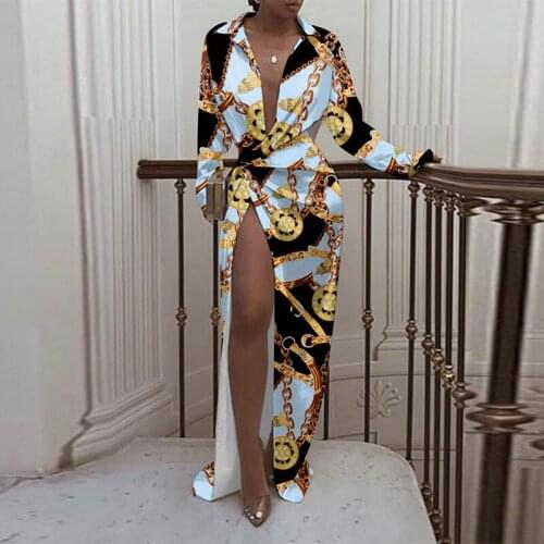 Autumn Long Sleeve One Button Women Party Dress Sexy Deep V-Neck Shirts Dress Elegant Butterfly Printed High Split Long Dresses