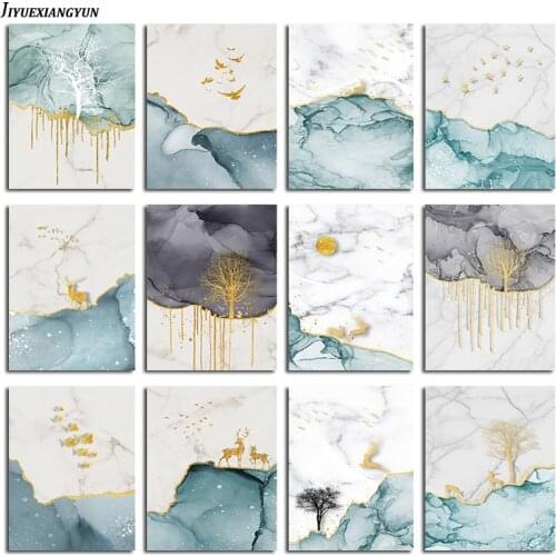 Abstract Golden Landscape Canvas Poster Wall Art Butterfly Elk Tree Print Modern Style Painting Nordic Home Decoration Picture