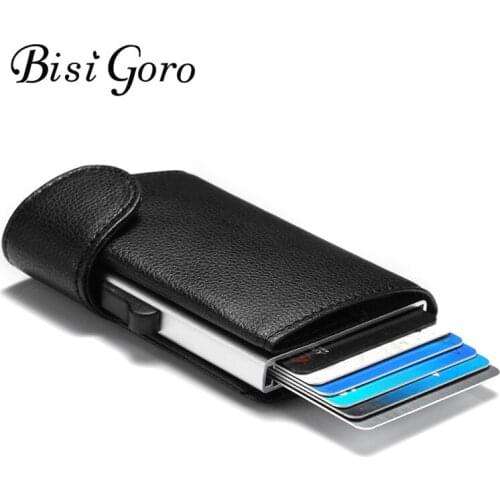 BISI GORO Leather RFID Card Holder Blocking Metal Wallet Single Box Minimalist Wallet Aluminium Card Package For Men Card Case
