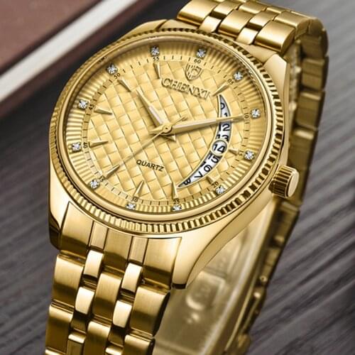 CHENXI Mens Watches Top Brand Luxury Golden Full Steel Quartz Watch Men Gold Clock Fashion Male Wristwatches Relogio Masculino