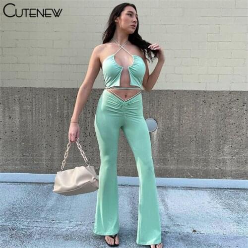 Cutenew Fashion Solid Two Peces Women Outifs Sexy Backless Halter Crop Top + Skinny Wide Leg Pants Summer Casual Lady Streetwear