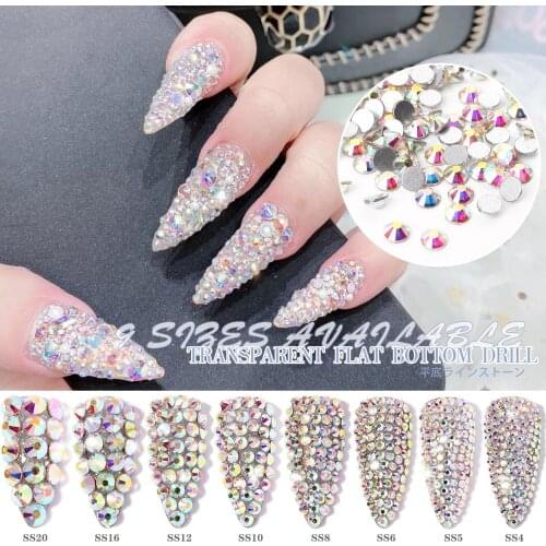 Crystal AB Flat Back Rhinestone Nail Decoration SS3-SS50 3D Glass Nail Art Rhinestones Mixed Size Nails Stones Accessories