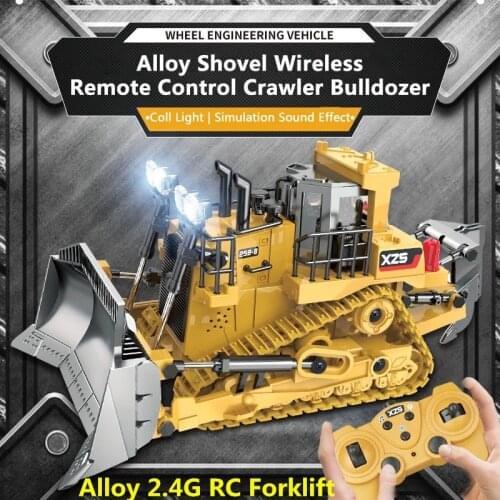 Engineer Vehicle RC Forklift Truck With Bucket Lifted Sound Flash Dual Headlight Effect 2.4G Alloy RC Bulldozer Loader Car Gift