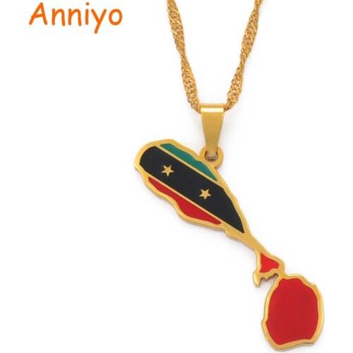 Anniyo The Federation of Saint Kitts and Nevis Map Flag Pendant Chain Necklaces St. Kitts & Nevis Maps Jewelry #103821