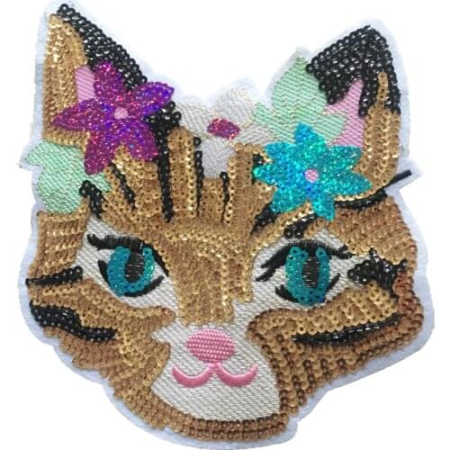 Beauty Cat Patch for Clothes High Quality 3D Sequined Patches Clothes Fabric Stickers Iron On Cute Cat Applique For T-shirt 2PCS