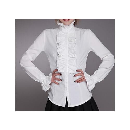 Fashion Victorian Shirt Ladies OL Office Ladies White Shirt High Neck Frill Ruffled Cuff Shirt Blouse