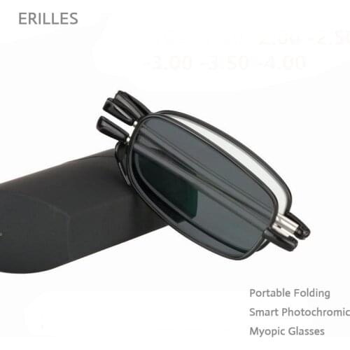 New Photochromic Myopic Glasses Men Portable Folding Myopia Eyewear Dual Purpose Sunglasses Metal Frame Eyeglasses With Cases
