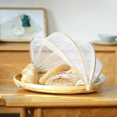 Handmade Bamboo Woven Bug Proof Wicker Basket Dustproof Picnic Fruit Tray Food Bread Dishes Cover With Gauze Lid