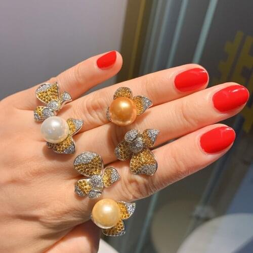 QTT Big Pearls 925 Sterling Silver Adjustable Ring Flower Design Finger Rings for Women Girls Party Wedding Gift