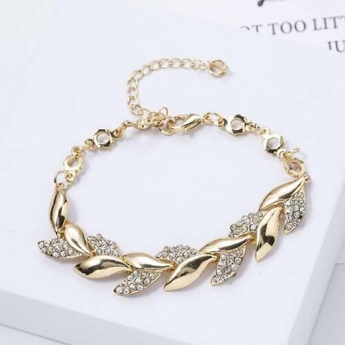 Adjustable Golden Leaves Rhinestone Bracelets Elegant Leaf Bangle for Women