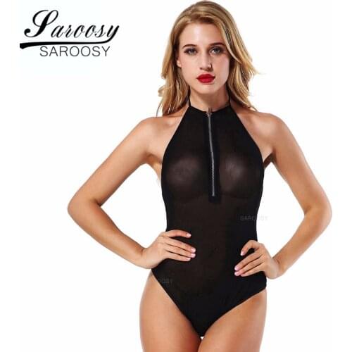 SAROOSY 2017 New Sexy Lingerie for Women Black Sheer Mesh Bodysuit Metal Front Zipper Teddy Sexy Erotic Hot Elastic Plus Size