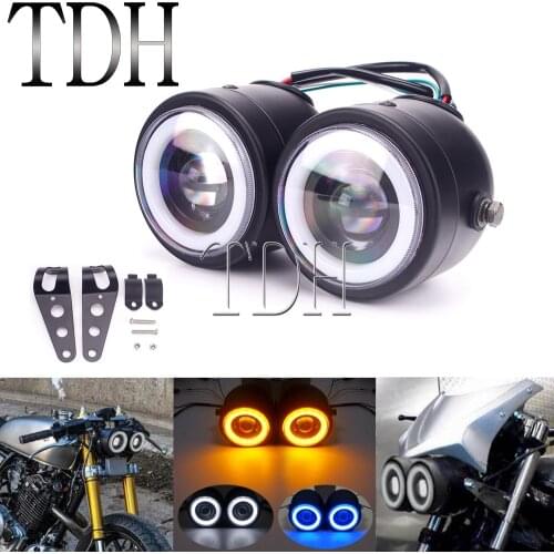 LED Motorcycle Headlight Dual Double Headlamp Head Light +Bracket For Harley Softail Chopper Honda Suzuki CG125 GN125 Cafe Racer