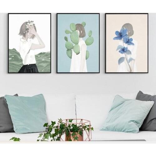 Fresh Cactus Girl Oil Painting Plant Girl Living Room Decorative Painting Canvas Wall Art Cuadros Decoracion Salon Nursery