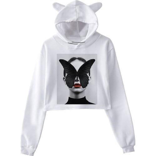 Crop Tops Hoodie Modernist Sexy Lady Feather Butterfly Sweatshirt Women Plus Size Clothes Korean Style Aesthetic Long Sleeve 90s