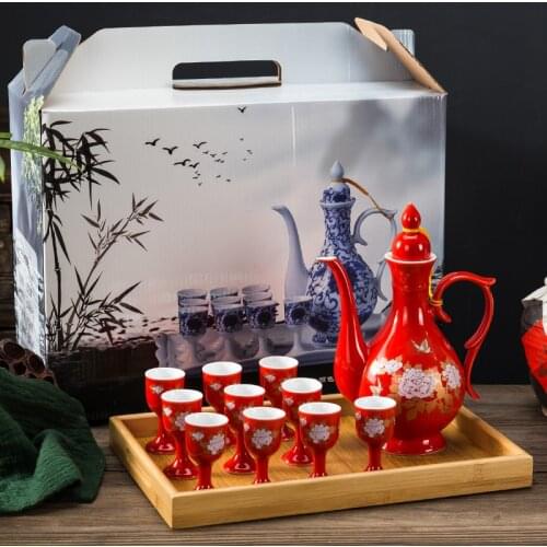 Retro Chinese Style Wedding Celebration Wine Set Creative Ceramic Gift Cross-cupped Wine Bar Hotel Coffee Liquor Flagon LA373