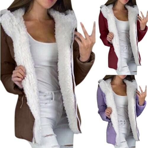 Women Winter Solid Color Pockets Zipper Hooded Jacket Thick Warm Loose Coat Ladies warm winter hoodie coat