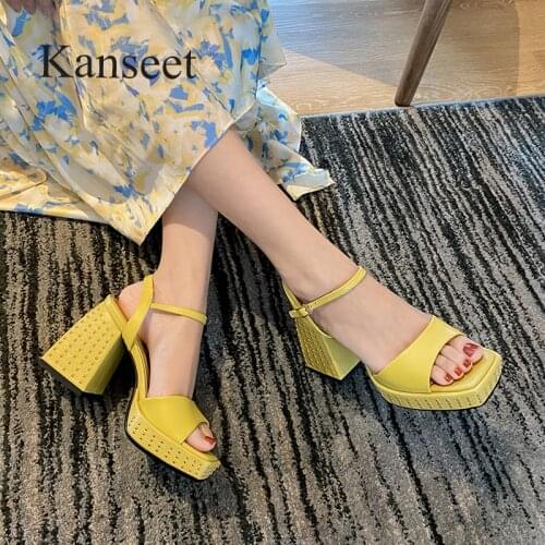 Kanseet Rivets Decoration Real Leather Women Shoes 2021 New Summer Sandals Platform Footwear Open-Toed Party Thick Heel Sandals