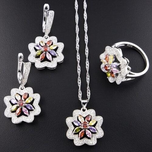 Funmode 3PCS Multicolor CZ Flower Shape Rope Link Chain Jewelry Sets For Women Bridal Set pulseras Wholesale FS130