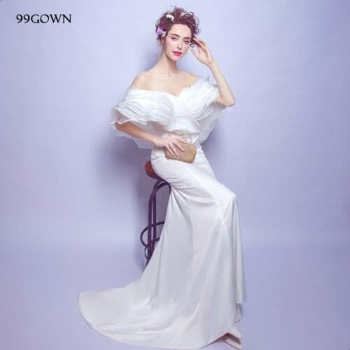 99GOWN Women Organza Long Wedding Dress Elegant Scoop Off Shoulder Ruffled Long Wedding Gown Court Train Wedding Dresses