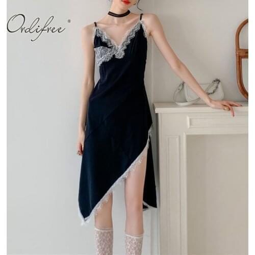 Ordifree 2021 Summer Streetwear Women Sexy Party Dress Spaghetti Strap White Lace Crochet Black Asymmetrical Dress