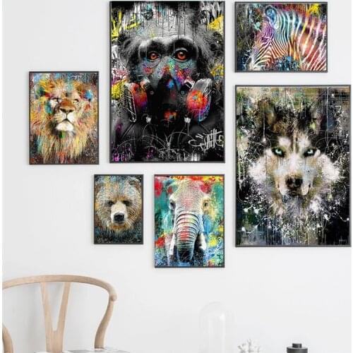 Monkey animal graffiti art painting on the wall canvas art posters and prints lion watercolor painting home decor giraffe