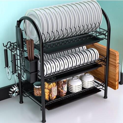Kitchen 3-layer black sink tableware rack drainer organizer tableware cup drying tray basket knife and fork storage rack