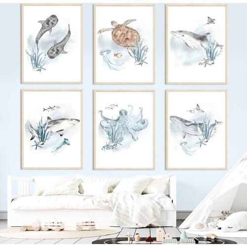 Watercolor Whale Shark Dolphin Octopus Nursery Nordic Posters And Prints Wall Art Canvas Painting Wall Pictures Child Room Decor